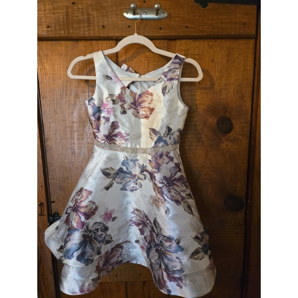 RARE EDITIONS  Girls Floral High-Low Party Dress Rhinestone Waist Size 10 Purple